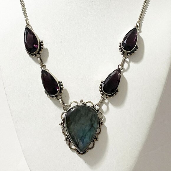 Handmade Labradorite Amethysts 925 Sterling Silver Filigree Station Necklace 18" - Picture 2 of 9